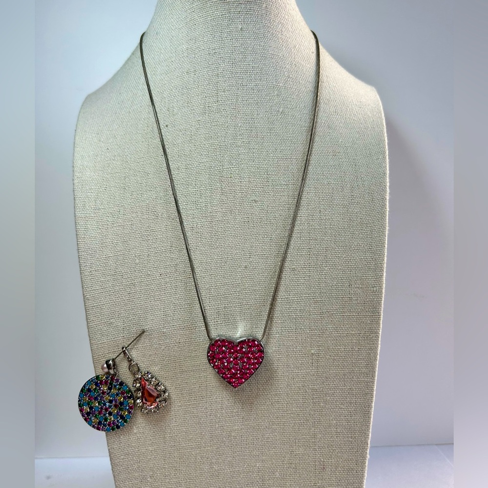Pink Pave Heart Pendant Silver Tone Snake Chain two extra Rhinestone Pendants
